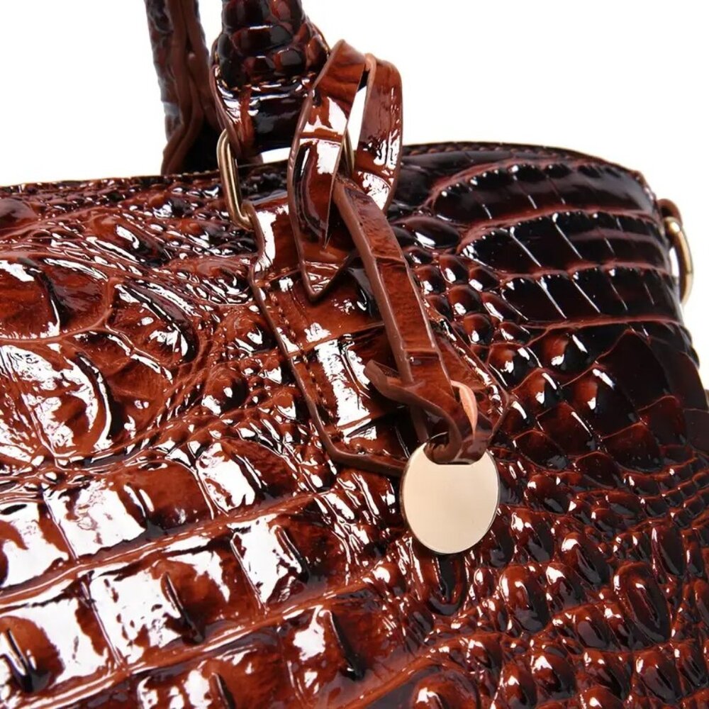 Elegant Brown Crocodile Embossed Luxury Handbag Satchel Shoulder Bag Vegan - Picture 5 of 7